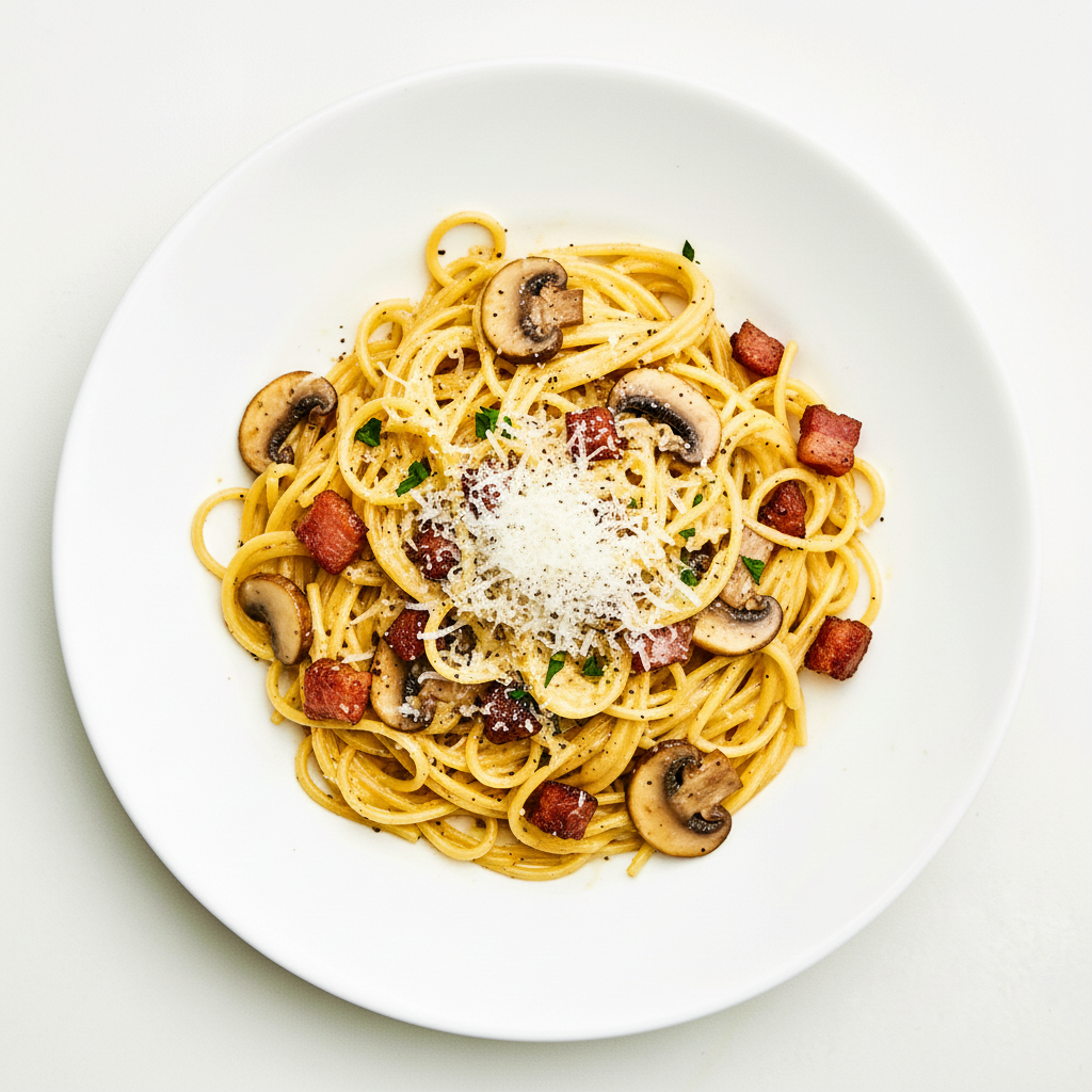 Creamy Garlic, Bacon, Mushroom, Shallot Fettuccine Full