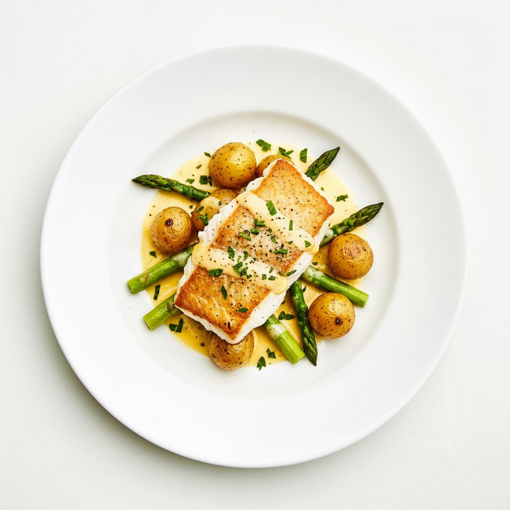 Blue eyed cod, cauliflower puree, spinach, sauce meunière Full