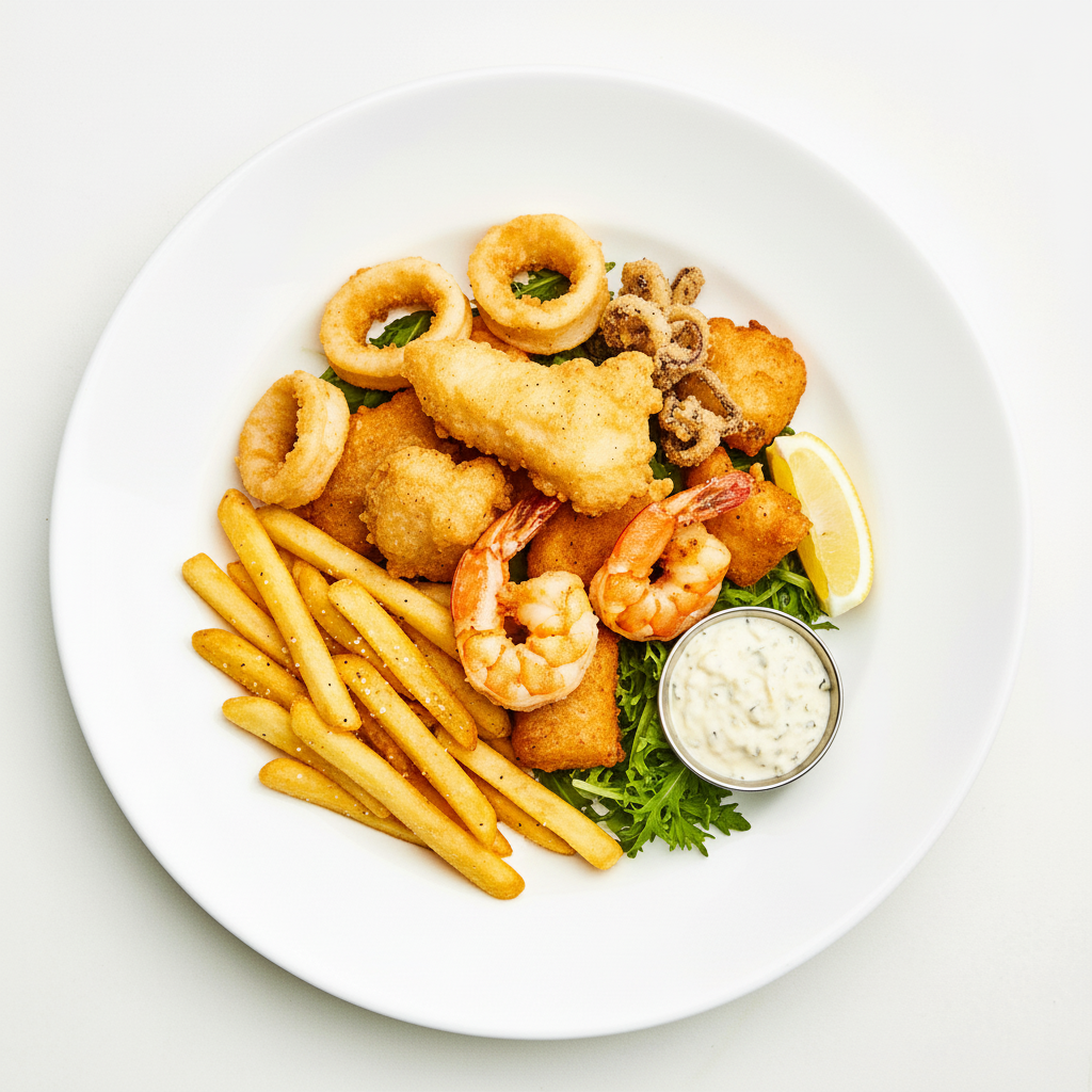 Fish Cocktail with Chips and Salad Full