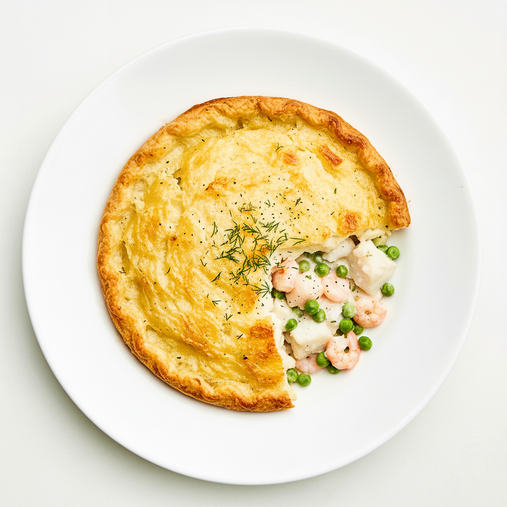 Smoked Cod Pie, pickled mussels, creamed spinach & buttery dill peas Full