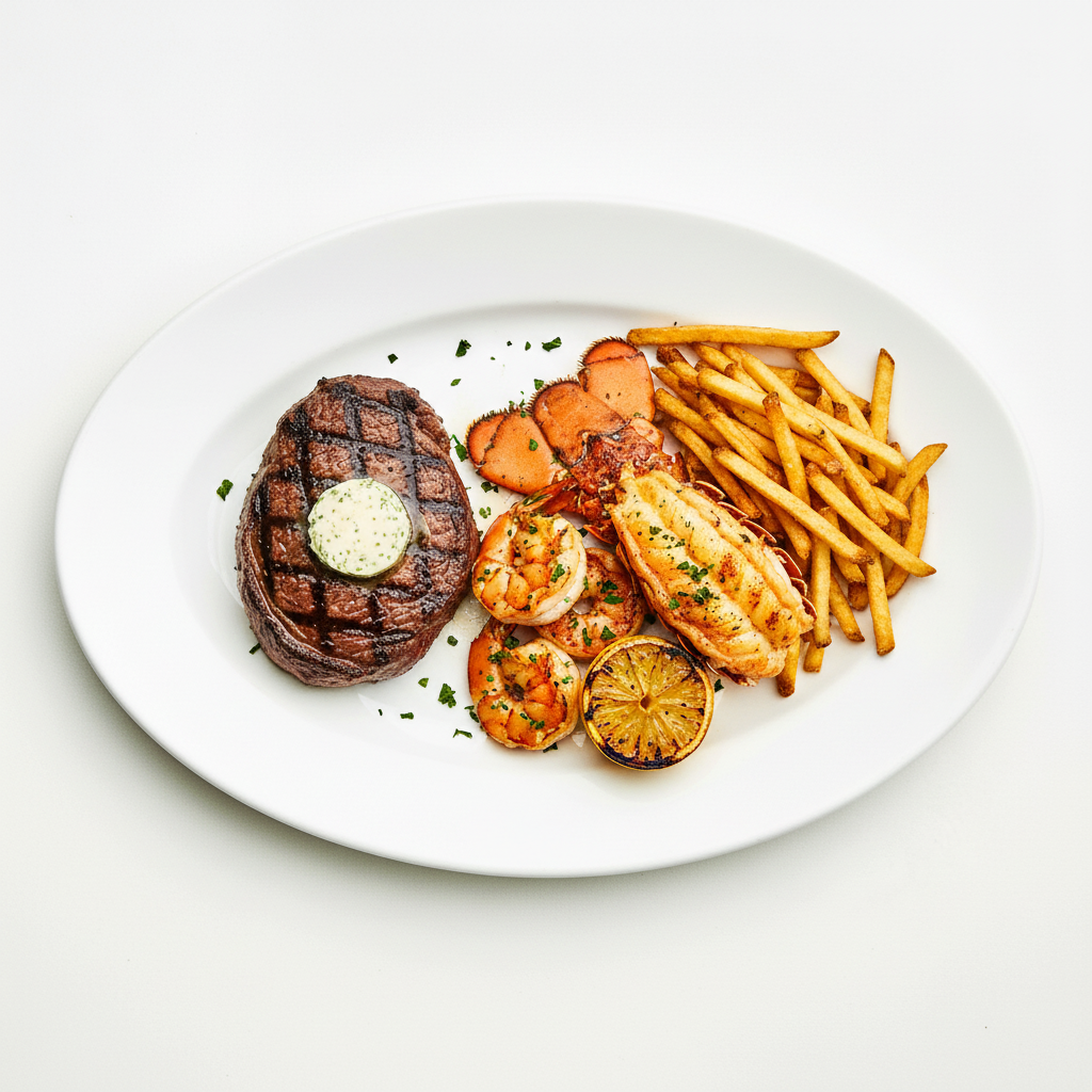 BLACK ANGUS MB3+ FILLET STEAK 220G & KING PRAWNS (GFA) Full